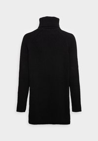 Maglione a collo alto nero a costine con maniche lunghe e spacchi laterali, caratterizzato da un motivo di maglia testurizzata e un colletto alto.