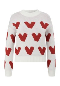 Vitt stickat tröja med röda hjärt-mönster, ribbad halsringning och ärmslut, kort design, lätt textur.