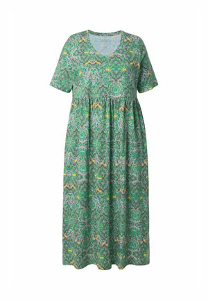 Vihreä lyhythihainen midimekko, jossa on kerätty vyötärö ja monimutkainen paisley- ja kukkakuvio keltaisena, purppurana ja valkoisena.