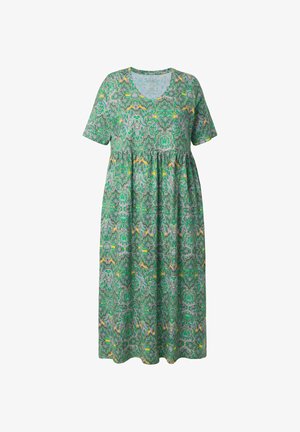 Grünes Midi-Kleid mit kurzen Ärmeln, geraffter Taille und einem filigranen Paisley- und Blumenmuster in Gelb, Lila und Weiß.