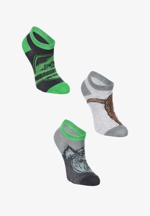 Three pairs of socks: one black with green accents and a graphic, one gray with a brown animal design, and one gray with green trim and mountain pattern.