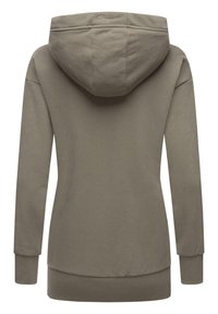 Felpa con cappuccio in verde oliva, caratterizzata da una silhouette aderente, polsini e orlo a costine, e un tessuto morbido con una superficie liscia.