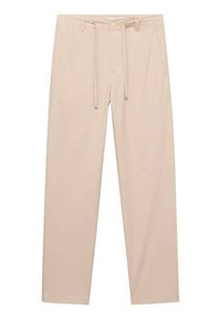Béžové kalhoty s rovnými nohavicemi, vyrobené z lehké látky. Mají zapínání na knoflík a zip, a stahovací šňůrku v pase.