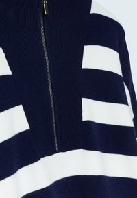 Marineblauwe en witte gestreepte pullover met een hoge kraag en halve rits; zachte gebreide textuur; met contrasterende ribbelstof bij de kraag.