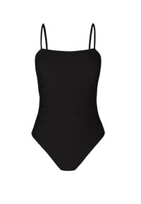 Costume intero nero con spalline sottili, caratterizzato da una scollatura a girocollo e dettagli arricciati in vita per un effetto levigante.