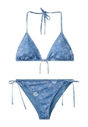 Bikini de dos piezas con estampado floral azul, top de triángulo y cordones para atar en el cuello, la espalda y los laterales de la parte inferior.