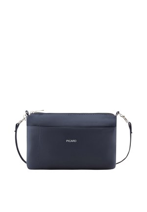 Marineblaue Leder-Umhängetasche mit silbernem Reißverschluss und abnehmbarem Riemen, Vordertasche und "PICARD" Logo in weißen Buchstaben.
