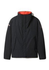 Veste noire zippée avec col montant, doublure intérieure orange, poches avant et petites écussons logo sur chaque haut de manche.
