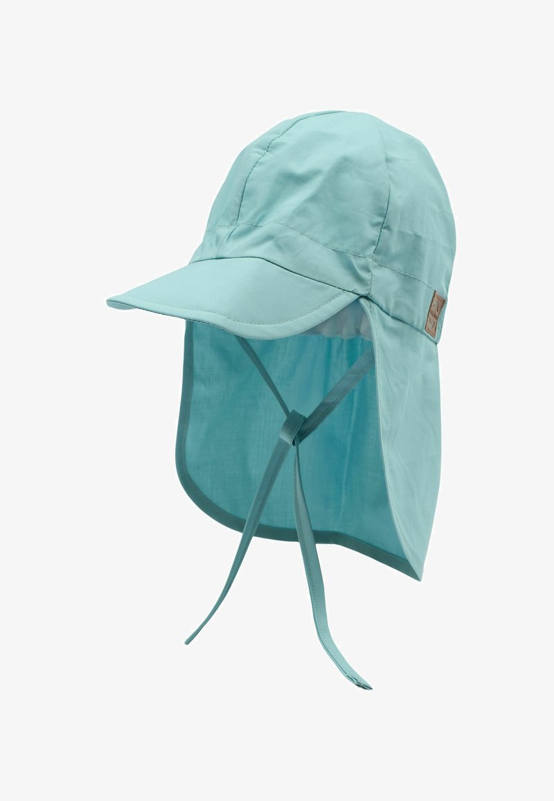 Casquette bleu clair en tissu, avec une large visière et une protection pour la nuque, équipée de liens ajustables pour un maintien sûr, détail subtil avec un écusson de marque.