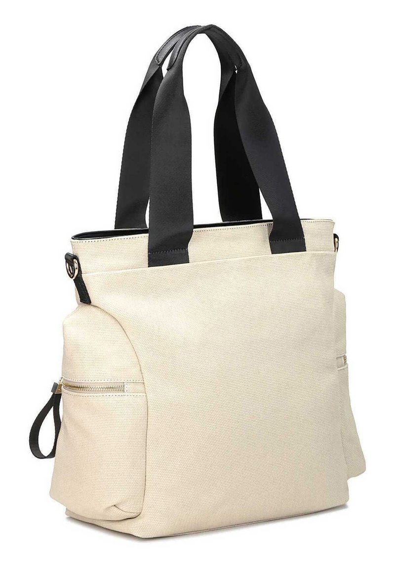 Torba płócienna w kolorze kremowym z czarnymi ramiączkami. Posiada boczną kieszeń na zamek i usztywnioną konstrukcję. Teksturowana powierzchnia z wytrzymałych materiałów.