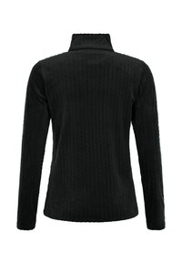 Zwarte lange mouwen top met een hoge kraag, voorzien van een textuurpatroon van verticale ribbels. Ontworpen met een aansluitende silhoeet.
