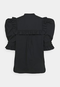 Blusa in cotone nero con maniche a sbuffo e dettaglio arricciato sulla spalla. Tessuto morbido con vestibilità ampia e bottoni decorativi ai polsini delle maniche.