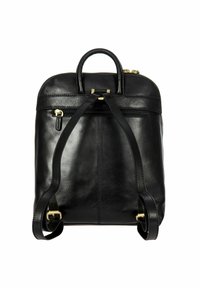 Sac à dos en cuir noir à la forme arrondie, avec une poignée supérieure, des bretelles ajustables et des accents en zip et en matériel doré. Texture lisse, design minimaliste.