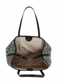 Borsa a tote in bianco e nero con un'esterno in plastica, dettagli in pelle liscia e un interno beige decorato con stampa del logo e chiusura a scatto.