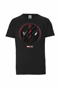 Black T-shirt with a distressed red and black Deadpool logo scratched by three claw marks, Marvel Studios logo below the design.