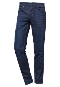 Mörkblå slim-fit jeans i denim med framknapp och fickor, uppvisade mot en vit bakgrund.
