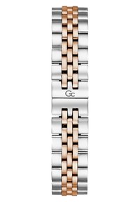 Silver- och rosaguldmetallarmband för klocka, med hopkopplade länkar med en slät yta och en synlig logotyp på sidan.