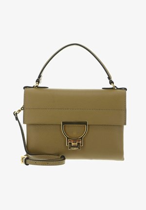 Sac à main en cuir vert olive avec poignée supérieure, bandoulière détachable et fermoir rectangulaire doré sur le rabat avant.