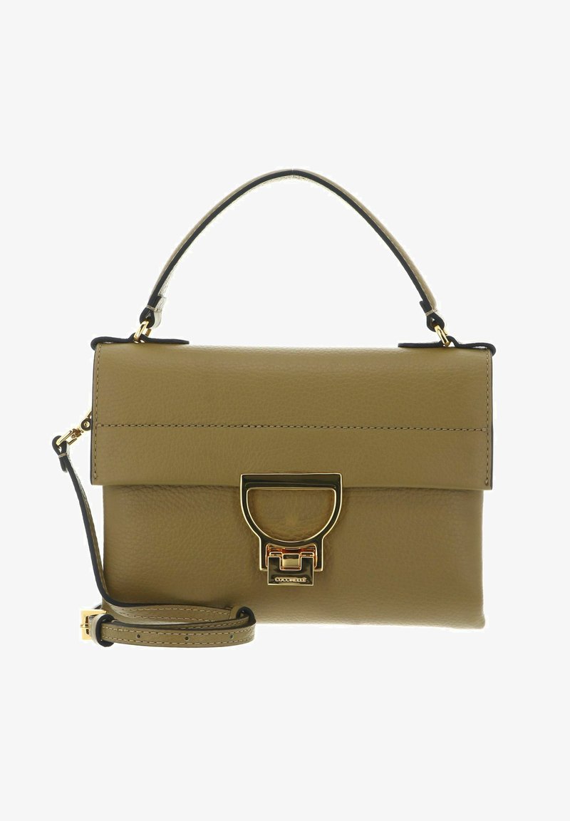 Sac à main en cuir vert olive avec poignée supérieure, bandoulière détachable et fermoir rectangulaire doré sur le rabat avant.