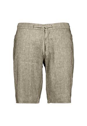 Lichtgrijze linnen herenshorts met een trekkoord in de taille en zijzakken, kniehoogte, casual stijl.