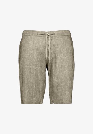 Lichtgrijze linnen herenshorts met een trekkoord in de taille en zijzakken, kniehoogte, casual stijl.