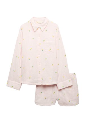 Světlounce růžová pyžamová sada na zapínání s dlouhými rukávy a kraťasy, s drobnými žlutými a zelenými květinovými vzory a kapsou na košili na hrudi.