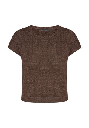 Brązowy krótki sweter wykonany na drutach, z krótkim rękawem, okrągłym dekoltem i metką "Betty Barclay".