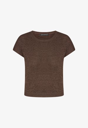 Kurzärmelig, brauner gestrickter Cropped-Pullover mit rundem Ausschnitt und "Betty Barclay"-Etikett.