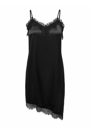 Melns satīna kamzolis ar mežģīņu apdari kakla izgriezumā, apakšmalā un plānās plecu siksniņās, ar asimetrisku mežģīņu apakšmali.