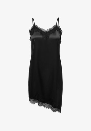 Melns satīna kamzolis ar mežģīņu apdari kakla izgriezumā, apakšmalā un plānās plecu siksniņās, ar asimetrisku mežģīņu apakšmali.