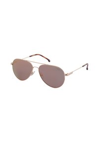 Pilotensonnenbrille mit einem goldenen Metallrahmen, braun getönten Gläsern und braun akzentuierten Bügeln. Verfügt über ein leichtes Design und Nasenpolster.