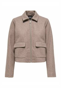 Bruine cropped jack in warme wolmix, met een kraag, een ritssluiting aan de voorkant en twee klepzakken op de borst. Soepele textuur.
