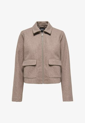 Braune, cropped Jacke aus warmer Wollmischung, mit einem Kragen, einem Reißverschluss vorne und zwei aufgesetzten Taschen auf der Brust. Glatte Textur.