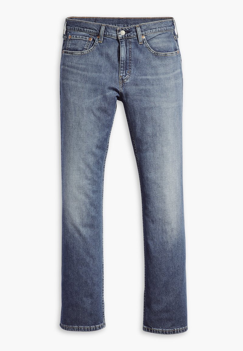 Jeans o prostych nogawkach w średnim niebieskim deninie, z klasycznym pięciopocketowym fasonem, postrzępionym dołem i delikatnym wyblaknięciem dla uzyskania noszonego wyglądu.