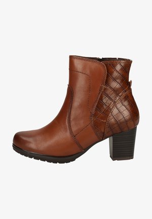 Brown leather ankle boot with a textured crocodile-patterned section, a chunky heel, and side stitching details.