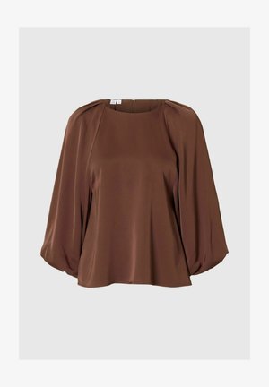 Brown satin blouse with a round neckline, puff sleeves, and a relaxed fit. Features gathered detailing at the shoulders and smooth texture.