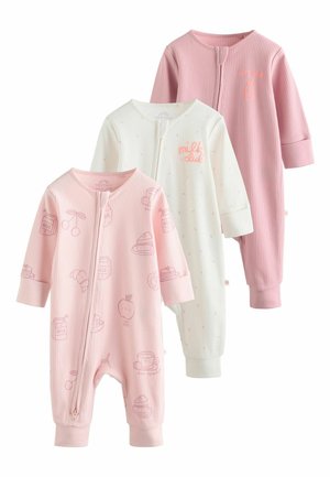 Three ribbed cotton baby rompers in light pink, white, and darker pink, featuring front zippers and small printed patterns or text.