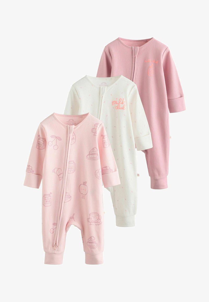 Trois barboteuses pour bébé en coton côtelé, en rose clair, blanc et rose foncé, avec des fermetures éclair à l'avant et de petits motifs ou textes imprimés.
