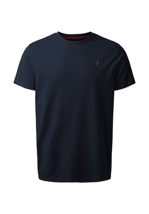 Navyblauwe katoenen T-shirt met korte mouwen, ronde hals en een klein rood logo op de borst; zachte textuur en standaard pasvorm.