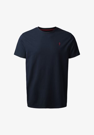 Navyblaue Baumwoll-T-Shirt mit kurzen Ärmeln, Rundhals und einem kleinen roten Logo auf der Brust; weiche Textur und standardmäßige Passform.
