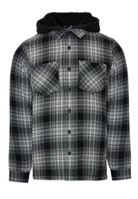 Karierter Flanellhemd mit schwarzer Kapuze, das graue und weiße Karomuster aufweist, zwei Brusttaschen und Knopfverschlüsse hat. Weiche Stofftextur.