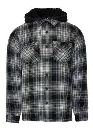 Karierter Flanellhemd mit schwarzer Kapuze, das graue und weiße Karomuster aufweist, zwei Brusttaschen und Knopfverschlüsse hat. Weiche Stofftextur.