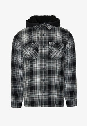 Karierter Flanellhemd mit schwarzer Kapuze, das graue und weiße Karomuster aufweist, zwei Brusttaschen und Knopfverschlüsse hat. Weiche Stofftextur.