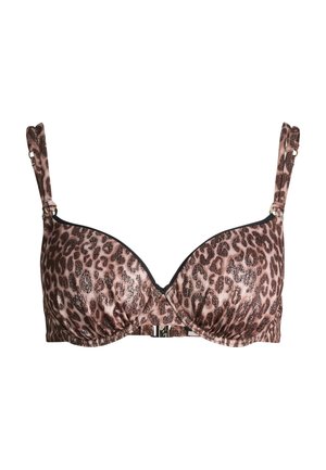 Leopardenmuster-BH mit Bügel, verstellbaren Trägern und vorderem Verschluss in Braun- und Beigetönen.