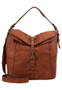 Borsa a spalla in pelle marrone con design piegato, chiusura a pattina e accessori in metallo. Presenta una tracolla regolabile e una superficie texture.