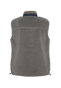 Gilet in pile grigio, con colletto alto, superficie texturizzata e orlo regolabile. Nessuna tasca anteriore o chiusure visibili.