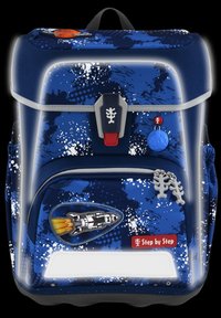 Blauer Stoffrucksack mit Raketenmotiv, Spritzmuster, reflektierenden Akzenten, verstellbaren Trägern und einer vorderen Reißverschlusstasche. Markenschild sichtbar.