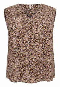 Bezramienna, kwiecista bluzka w ciemnym brązie, z dekoltem w kształcie litery V i wzorem małych różowych, żółtych i białych kwiatków na teksturowanej tkaninie.