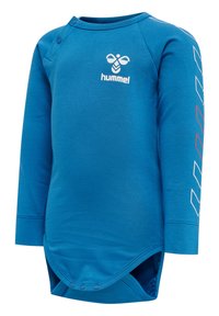 Langärmeliger Bodysuit aus leuchtend blauem Baumwollstoff. Mit einem Rundhalsausschnitt, Druckknöpfen am Boden und einem weißen Logo auf der Brust und dem Ärmel.