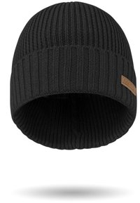 Schwarze Strickmütze mit gerippter Struktur und aufgeschlagenem Saum. Verfügt über ein kleines, braunes Lederetikett an der Seite. Aus weichem und elastischem Material.